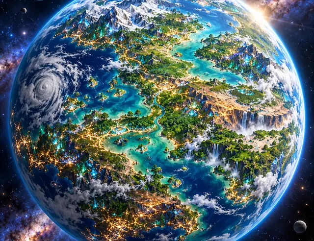 Planeta azul con continentes verdes, como el planeta inicial de una partida