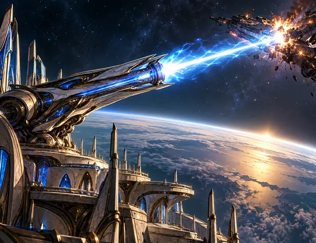 Cañón orbital disparando un rayo de energía desde la superficie
