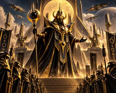 Un Usurpador con atuendo dorado de dios faraón ante su séquito de guardias