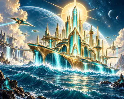 La ciudad de cristal turquesa y oro de Aurea alzándose sobre el mar