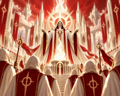 Sacerdotes de los Ascendidos con túnicas blancas y rojas bajo un halo solar